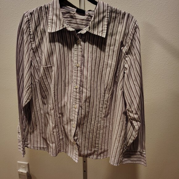 Basic Editions Women's Long Sleeve Button Front Blouse Stripe Stripes Purple - Picture 5 of 11